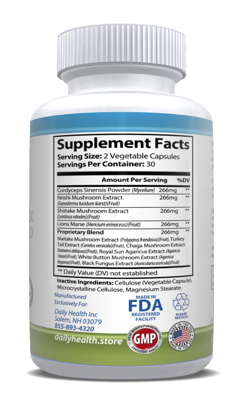 Daily Health 10 Mushroom Blend Complex All Natural Extract Vegan Friendly 180 Veg Capsules