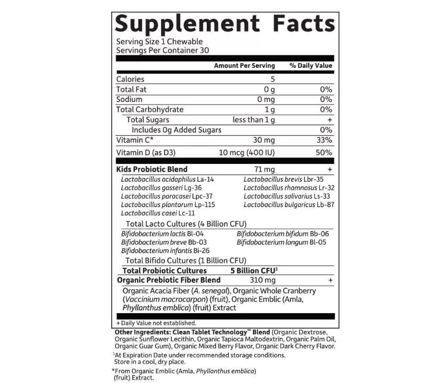 Garden of Life Dr. Formulated Kids Organic Probiotic Chewables, Berry & Cherry Flavor, 5 Billion CFU, 30 Count