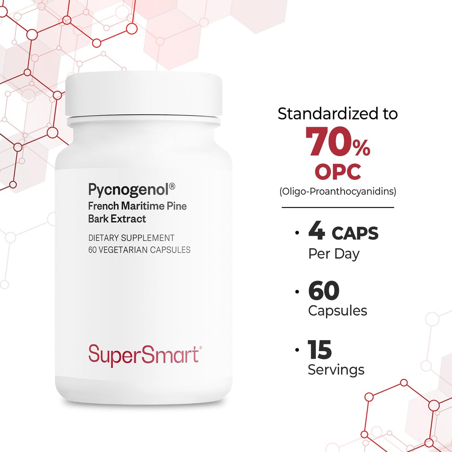Supersmart Pycnogenol 200mg per Day (Patented & Highly Bioavailable) French Maritime Pine Bark Extract, 60 Capsules
