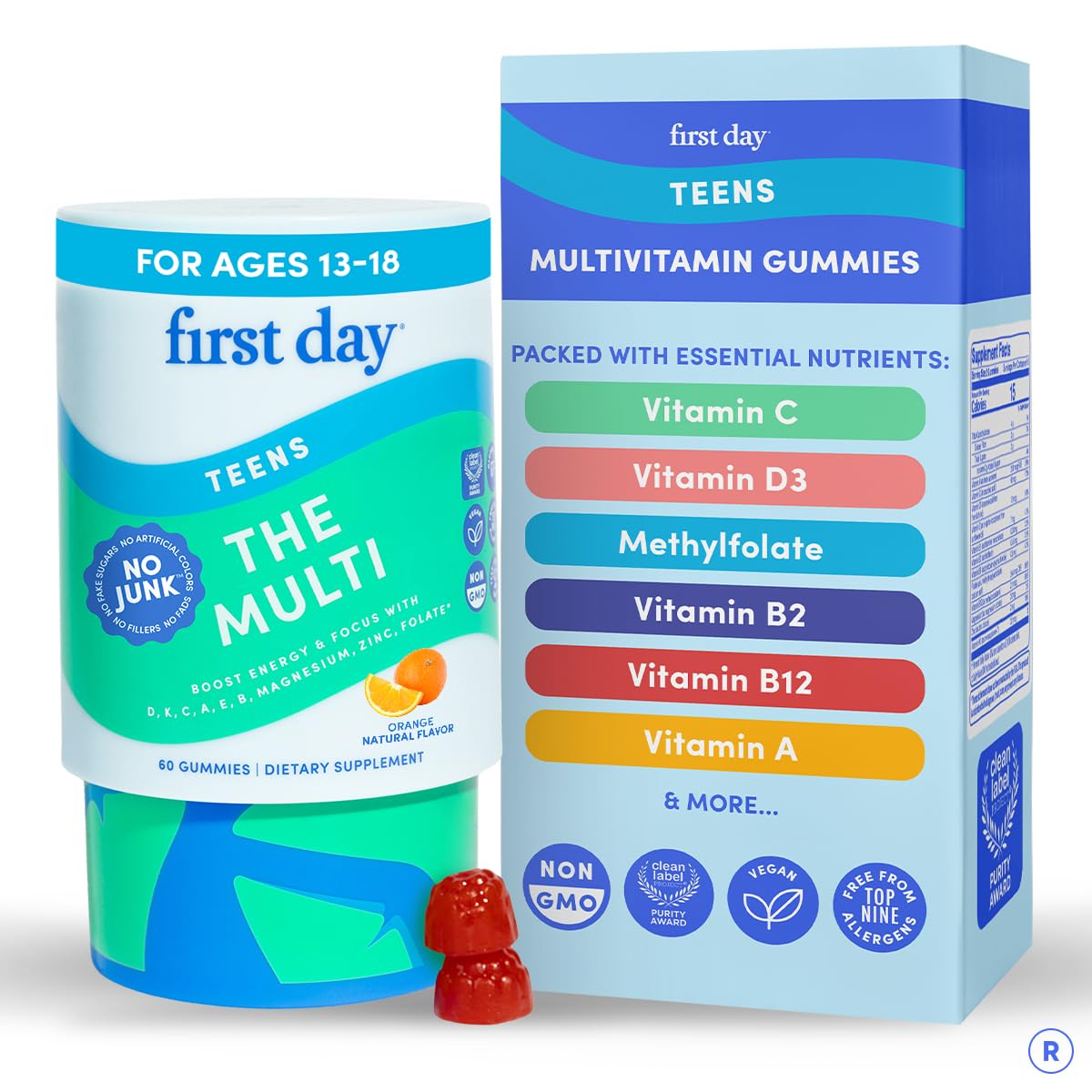 FIRST DAY Teen Multivitamin Capsules for Girls & Boys 12-17, 60 Count