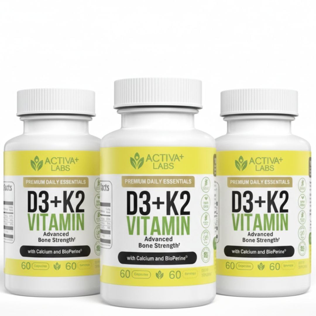 Activa Labs Vitamin D3 & K2 – Vegan, Non-GMO Bone & Teeth Support Supplement – Immune & Muscle Function – Heart Health D3 K2 Vitamins for Men & Women, Gluten & Sugar Free, 180 Capsules