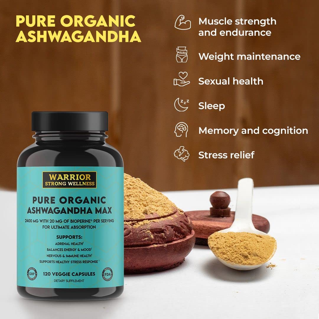 Warrior Strong Wellness Pure Organic Ashwagandha with Bioperine, 120 Capsules