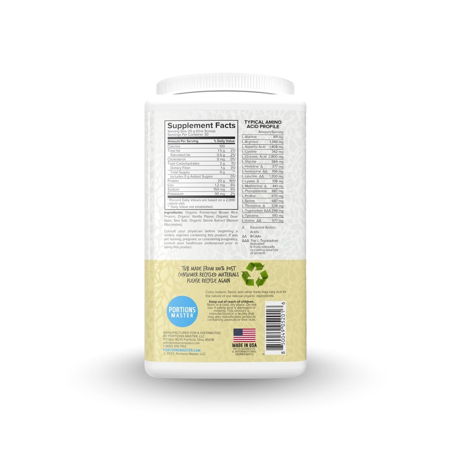 Portions Master Plant Protein Powder, Fermented Brown Rice Vanilla, 26.4 Servings