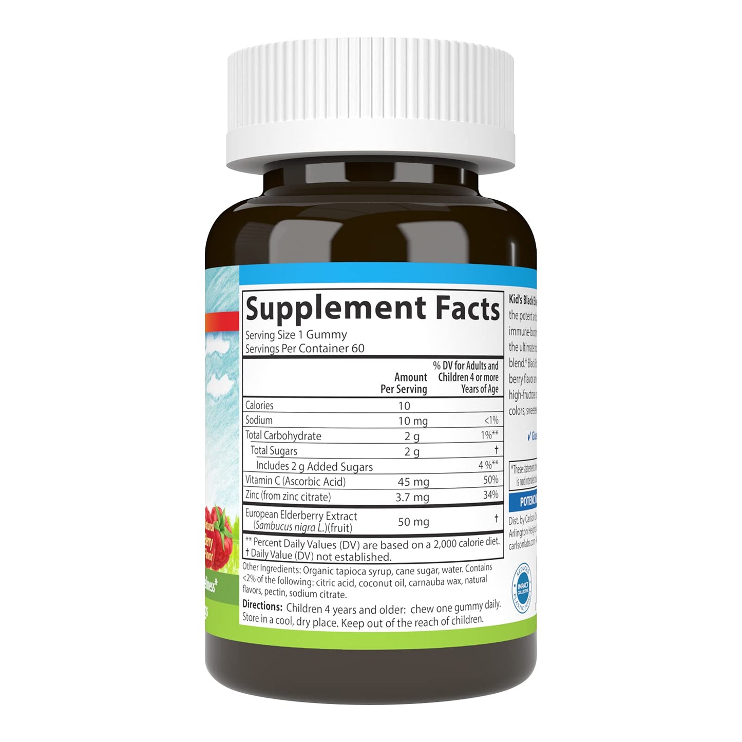 Carlson Kid's Black Elderberry Gummies with Vitamin C & Zinc, Immune Support, 60 Gummies