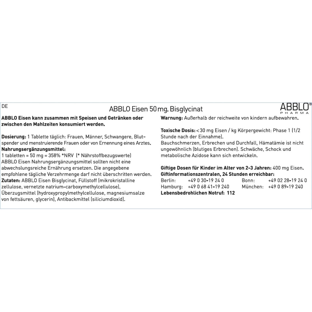 ABBLO PHARMA Iron Bisglycinate 50mg Tablet, 100 Count