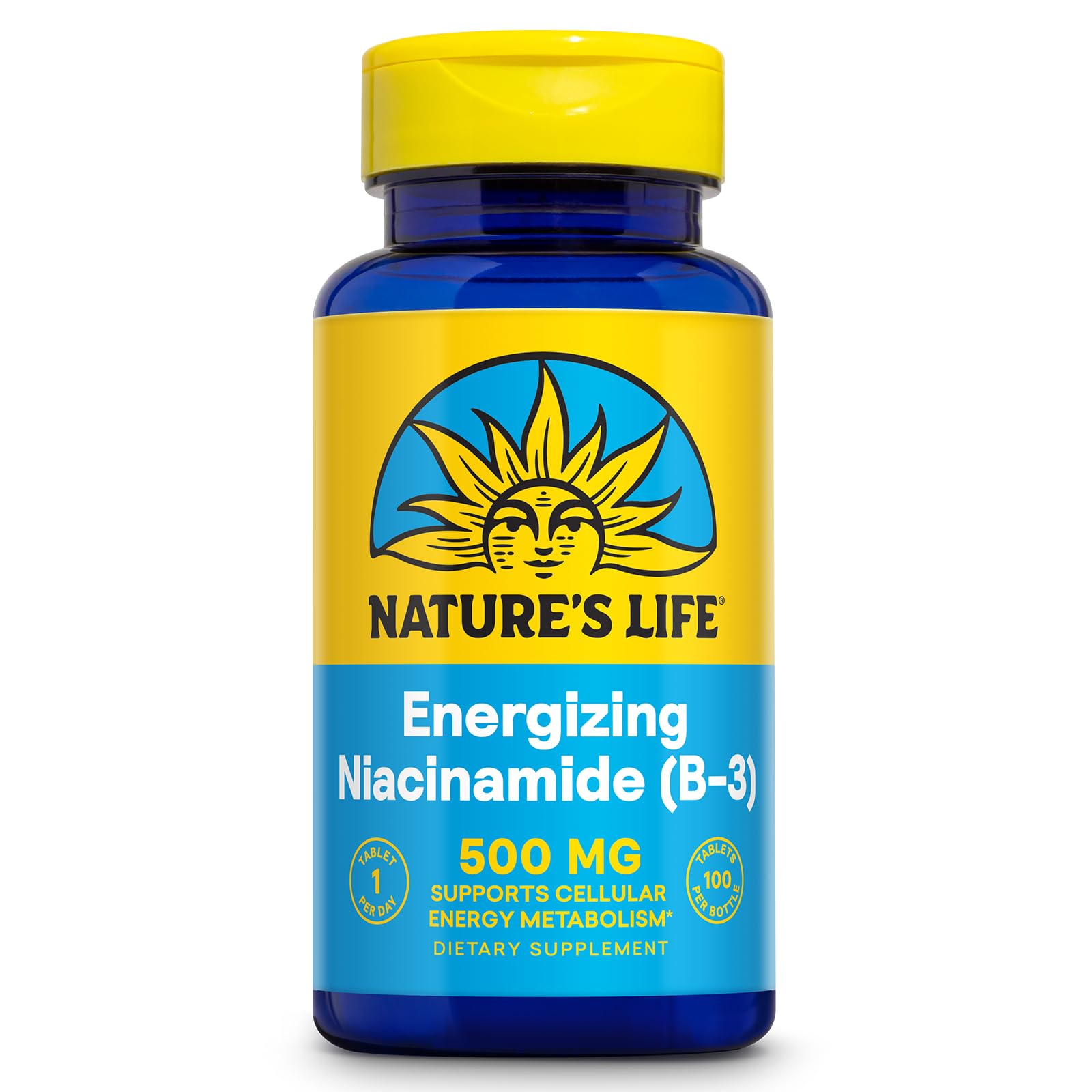 Nature's Life Energizing Niacinamide 500mg No-Flush Vitamin B3 Niacin Supplement Tablets, 100 Count
