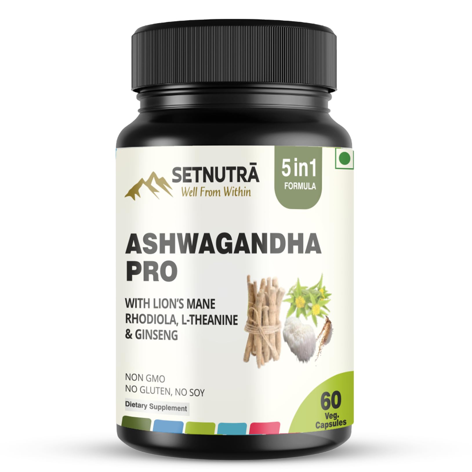 SETNUTRA Well From Within 5 in 1 Ashwagandha Pro Supplement with Lion's Mane Rhodiola L-Theanine & Ginseng Capsules 60 Count