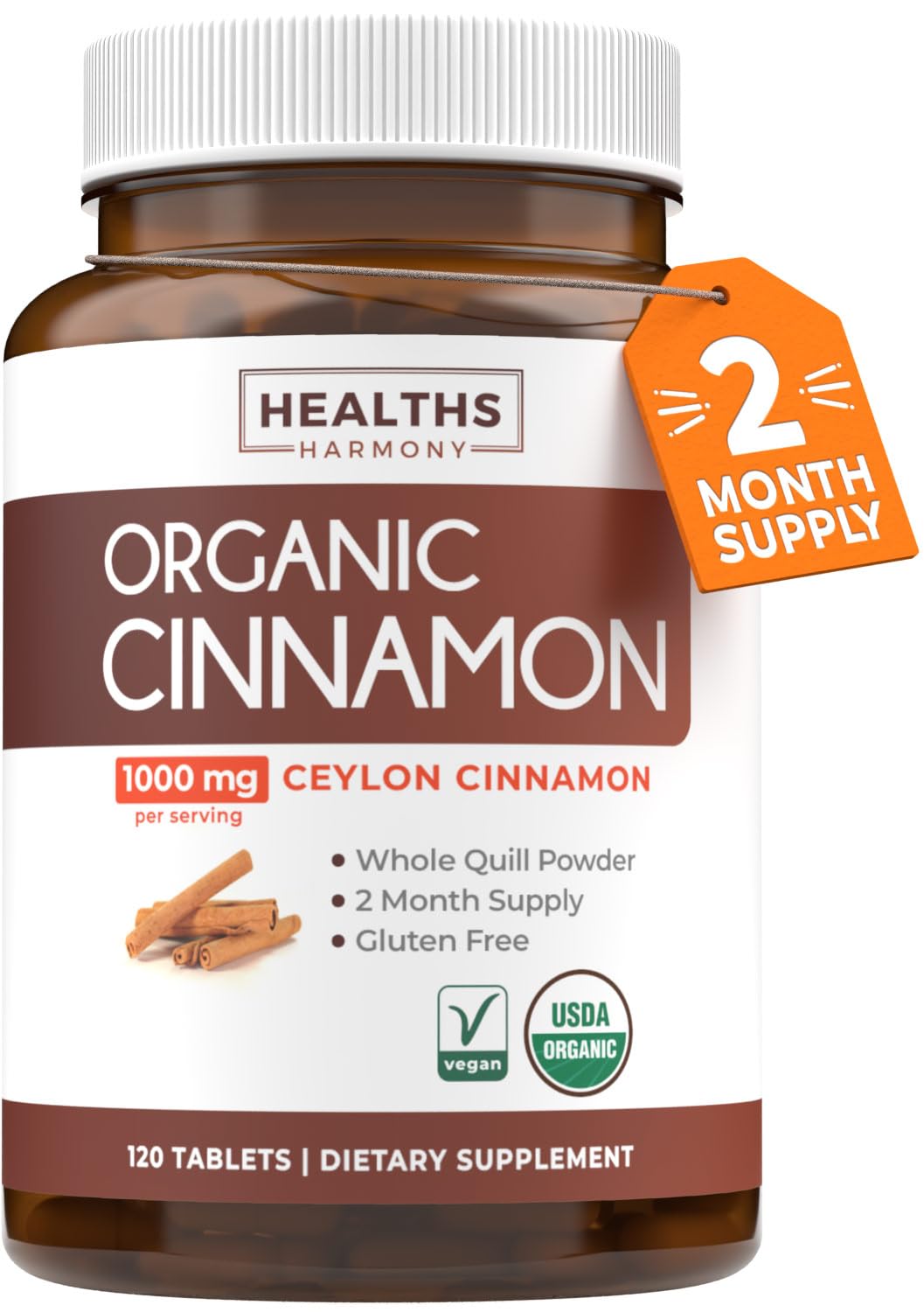 Healths Harmony USDA Organic Ceylon Cinnamon Tablets, 120 Count