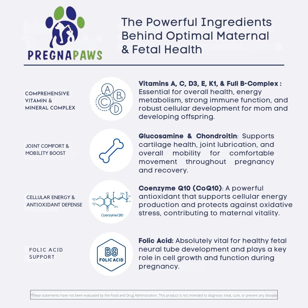 PREGNAPAWS Prenatal Vitamins for Dogs & Cats – Pre & Postnatal Supplement with Probiotics, Glucosamine, MSM, CoQ10, & Essential Vitamins – Supports Pregnancy, Nursing & Recovery – 90 Soft Chews
