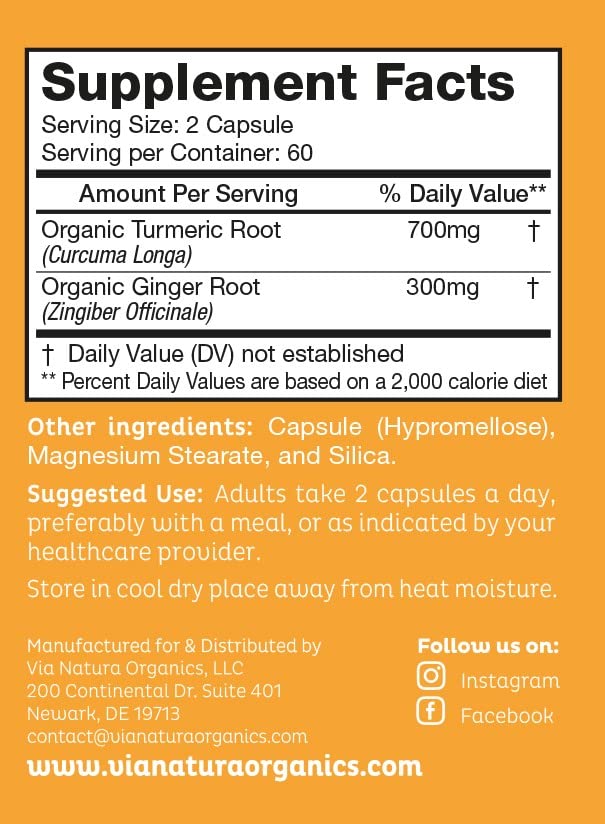 Via Natura Organics Turmeric & Ginger 1000mg Capsules, 120 Count