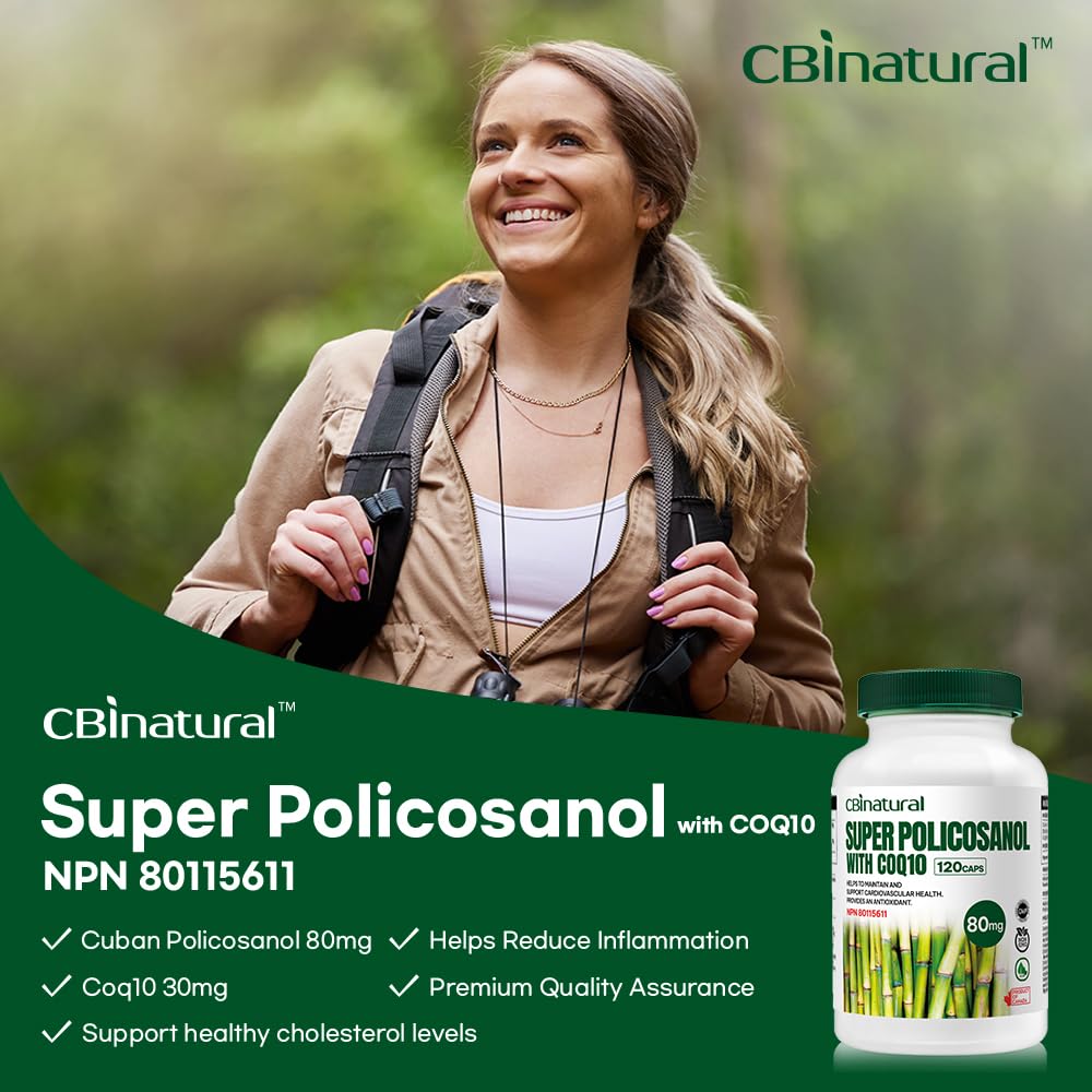 CBI Natural Super Sugarcane Policosanol 80 mg with CoQ10 30 mg Vegetable Capsules, 120 Count