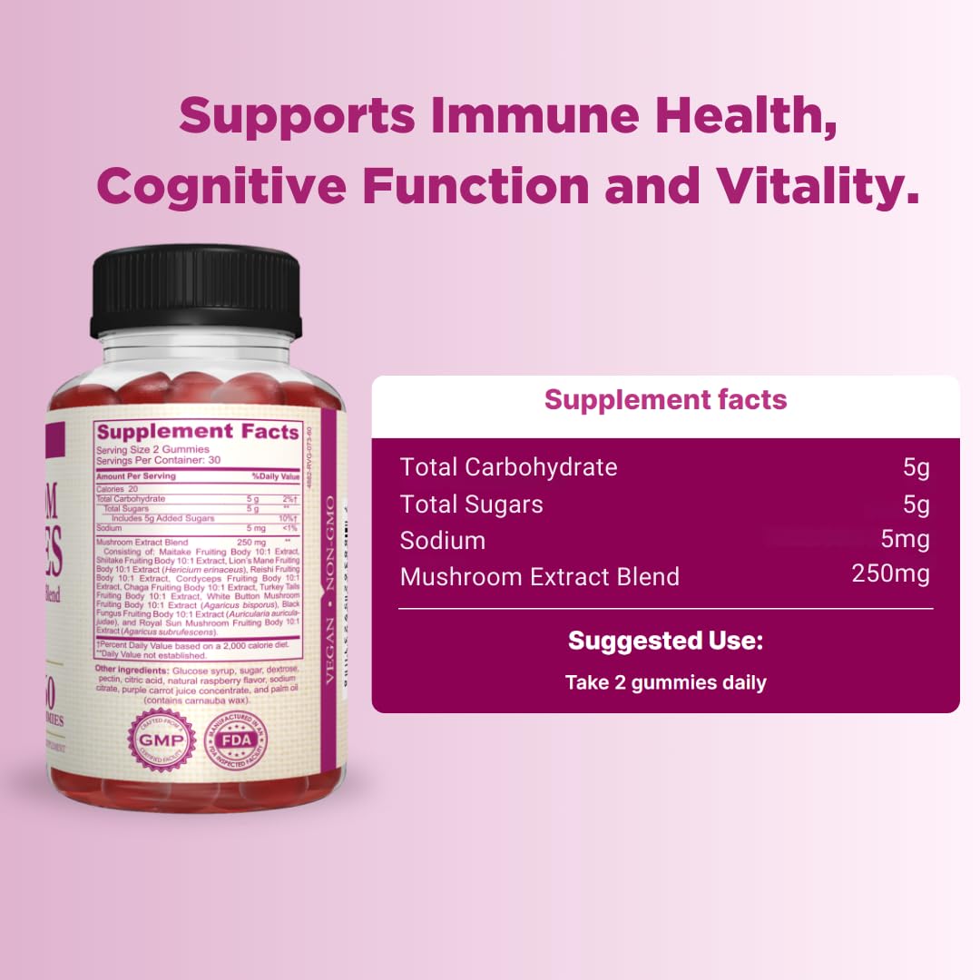 AMVILAB Mushroom Gummies Supplement – 10-in-1 Mushroom Extract Blend with Lion’s Mane, Shiitake, Maitake & Morel – Brain, Focus & Immune Support – Raspberry Flavor, 60 Gummies