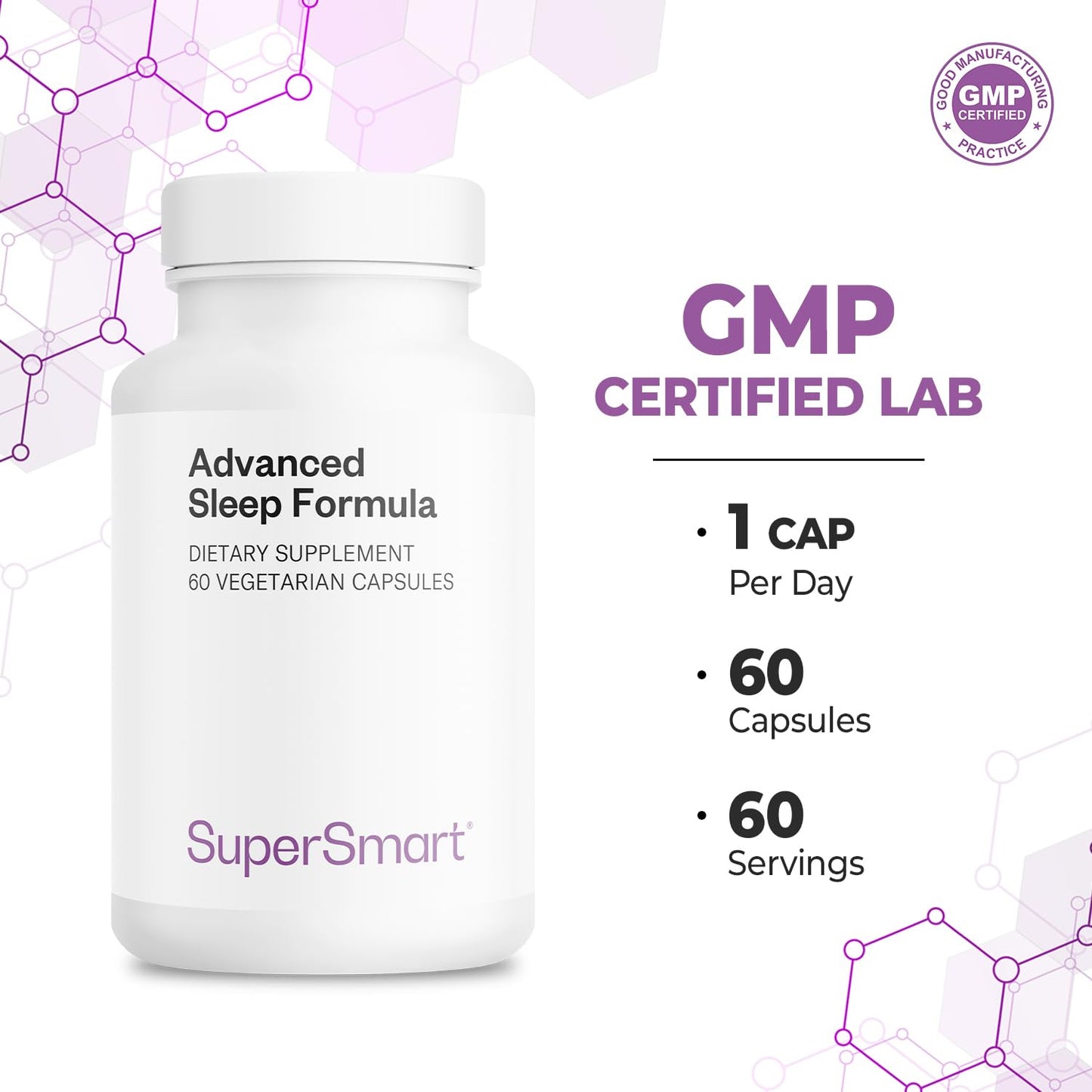 Supersmart Advanced Sleep Formula (High Strength) with Melatonin, Valerian Root, California Poppy, Passion Flower, Lithium Orotate Capsules, 60 Count