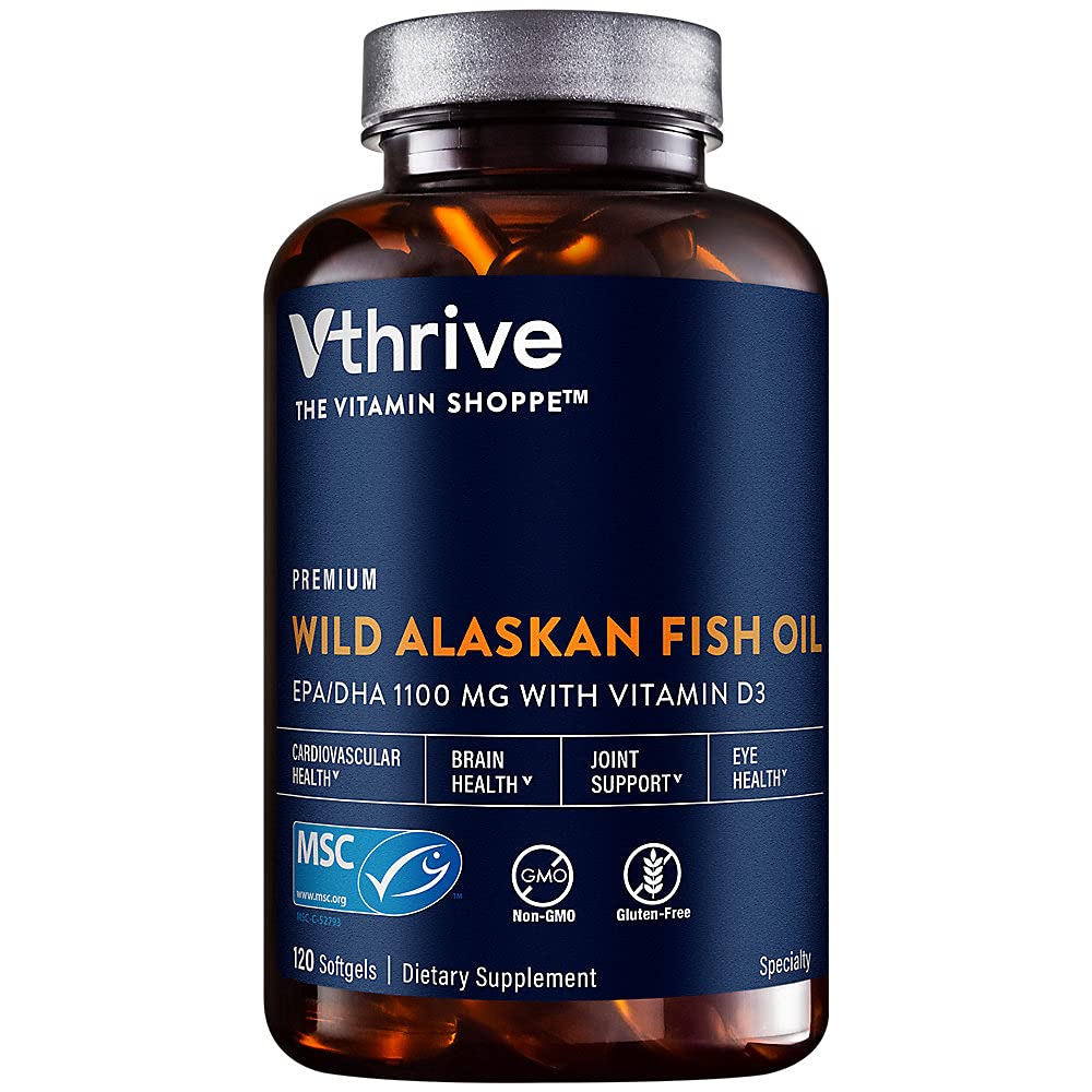 Vthrive Premium Wild Alaskan Fish Oil with Vitamin D3 - Supports Cardiovascular Health - 1,375 DHA/EPA, 120 Softgels