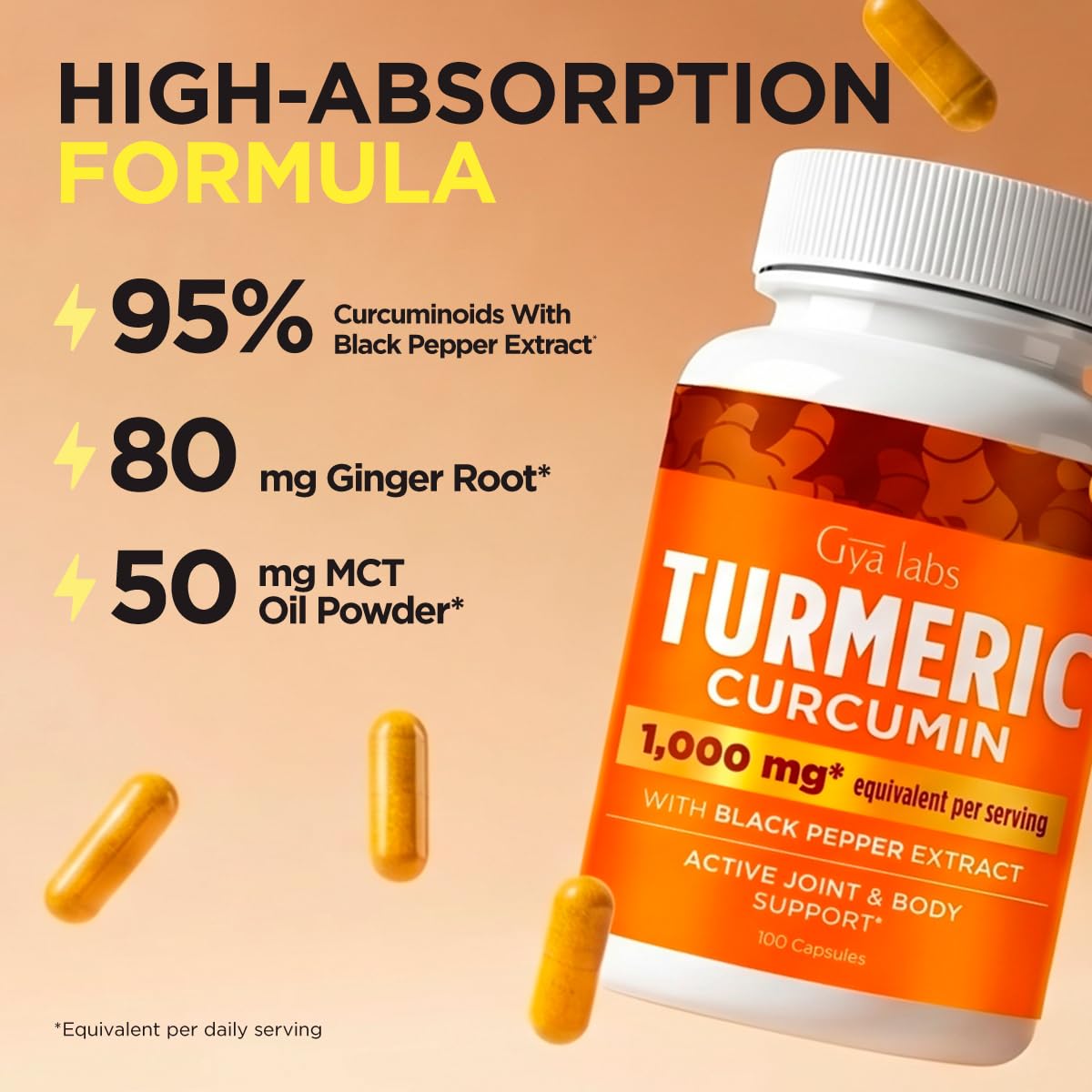 Gya Labs Turmeric Curcumin Capsules with Black Pepper, 100 Count