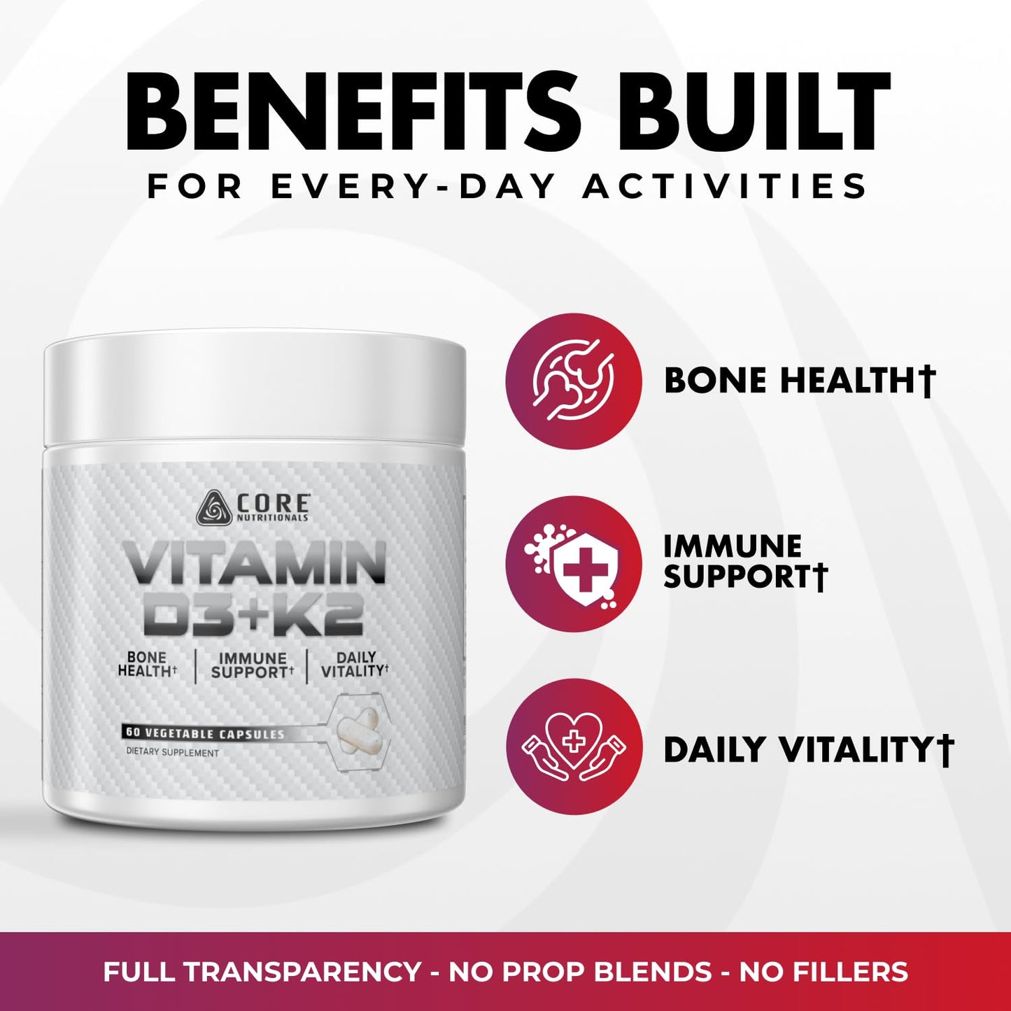 Core Nutritionals Vitamin D3 + K2 for Calcium Support 60 Capsules