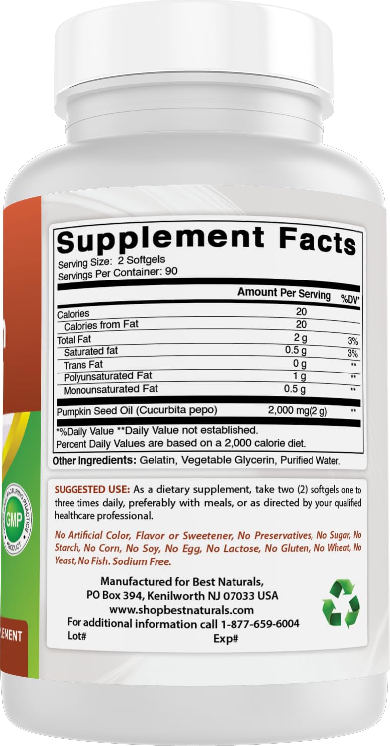 Best Naturals Pumpkin Seed Oil Bladder Control 1000 mg Softgels 180 Count