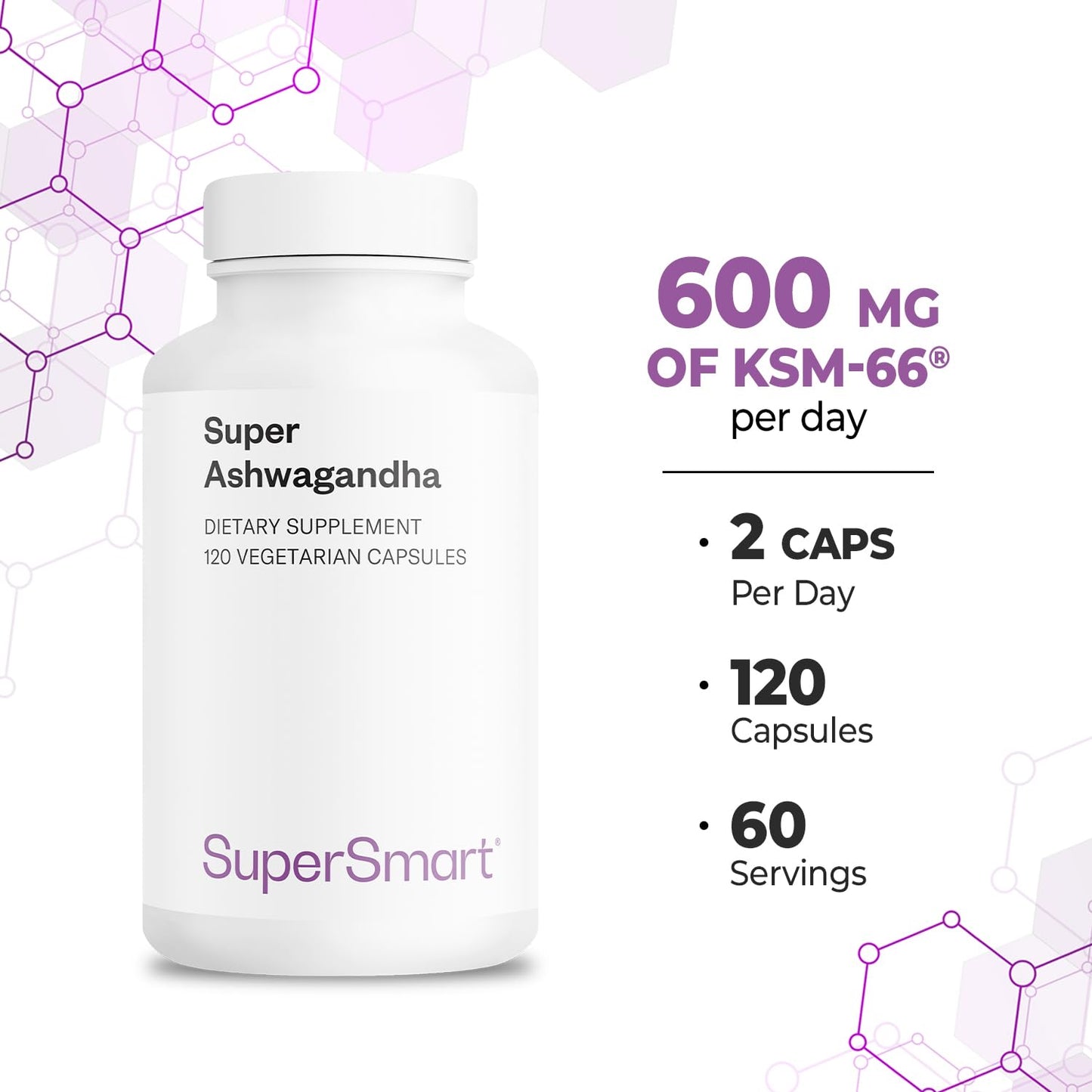 Supersmart Super Ashwagandha 600mg KSM-66 High Potency 5% Withanolides Capsules, 120 Count