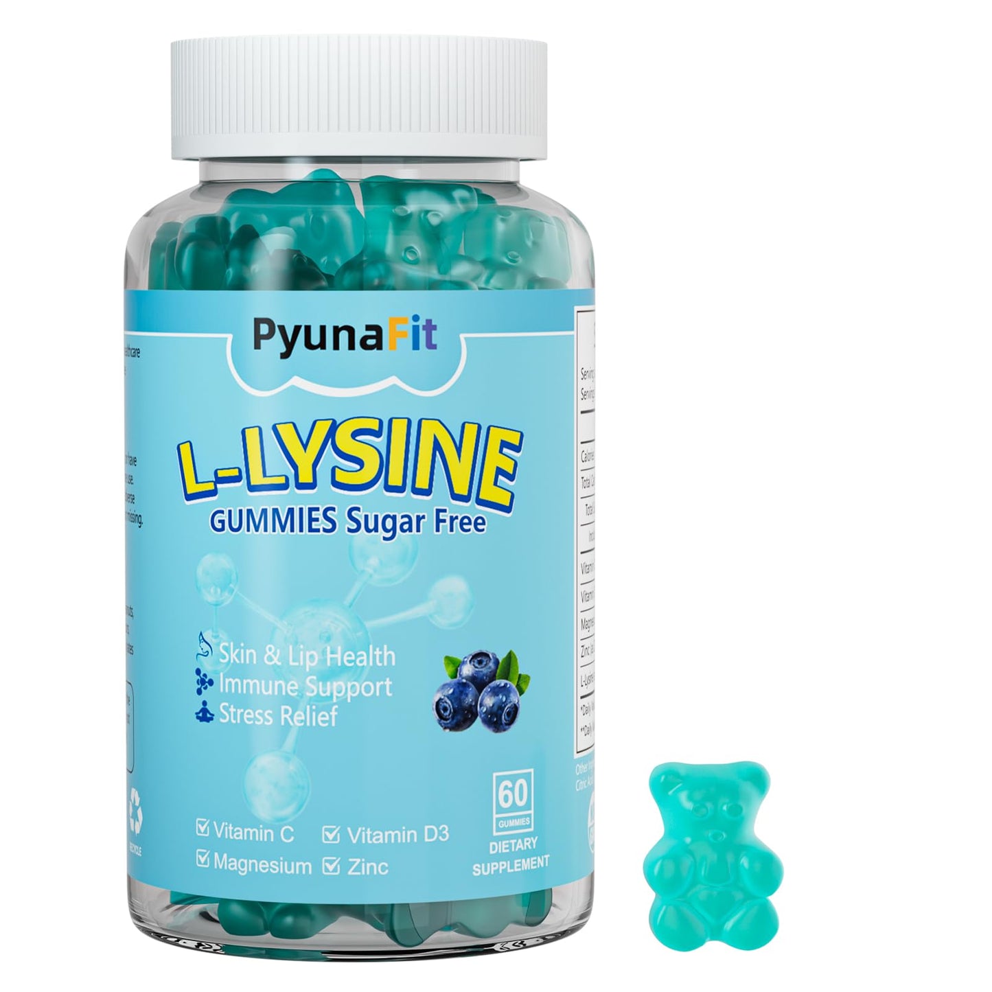 PYUNAFIT L-Lysine Gummies 1000mg, 5 in 1 Extra Strength for Immune Support, Skin & Lip Health, Chewable Lysine Supplement for Kids & Adults, 60 Count