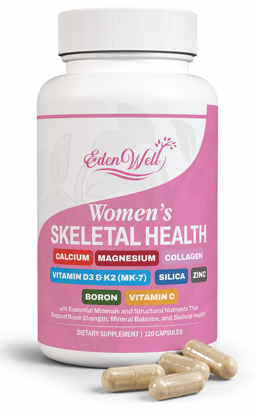 EDENWELL Women’s Skeletal Health Supplement with Calcium, Magnesium, Vitamin D3 & K2 (MK-7), Collagen, Silica, Zinc, Boron & Vitamin C – Bone Strength & Density Support, 60 Capsules