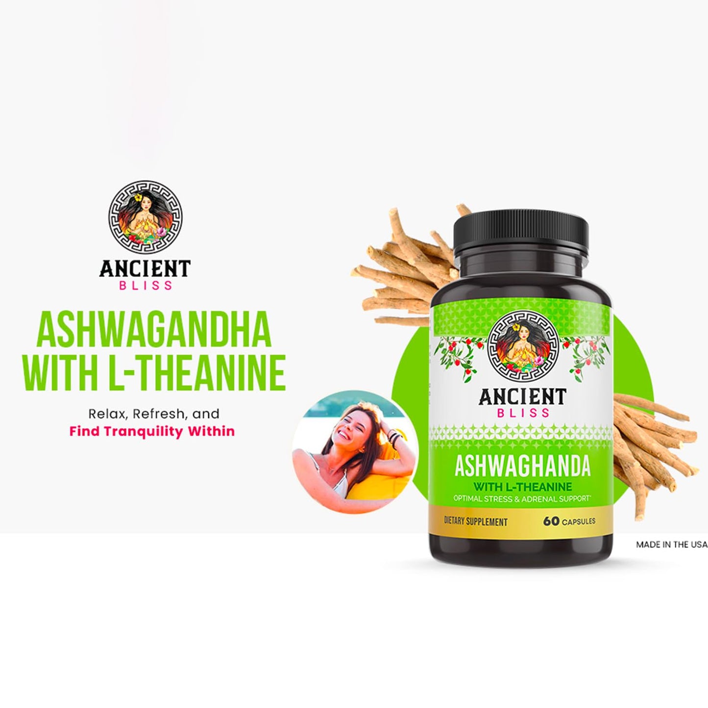 Ancient Bliss Ashwagandha with L-Theanine & Black Pepper Extract Capsules, 60 Count