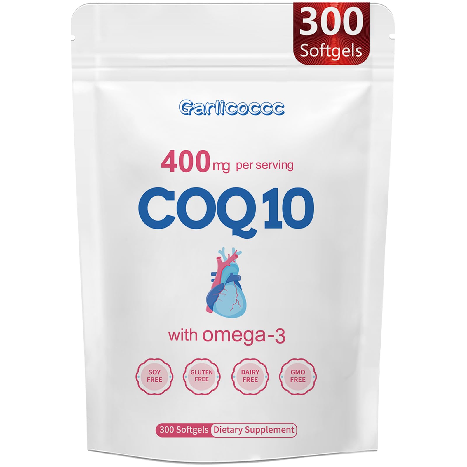 Garlicoccc CoQ10 400mg with Omega 3 Fatty Acids Softgels, 300 Softgels