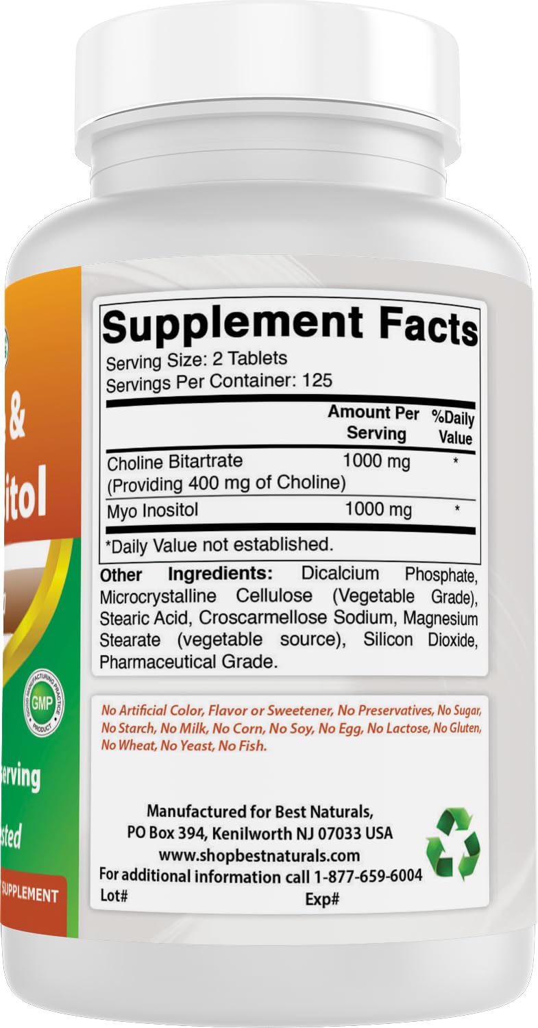 Best Naturals Choline Inositol (Myo Inositol) 2000 mg Per Serving Tablets, 250 Count