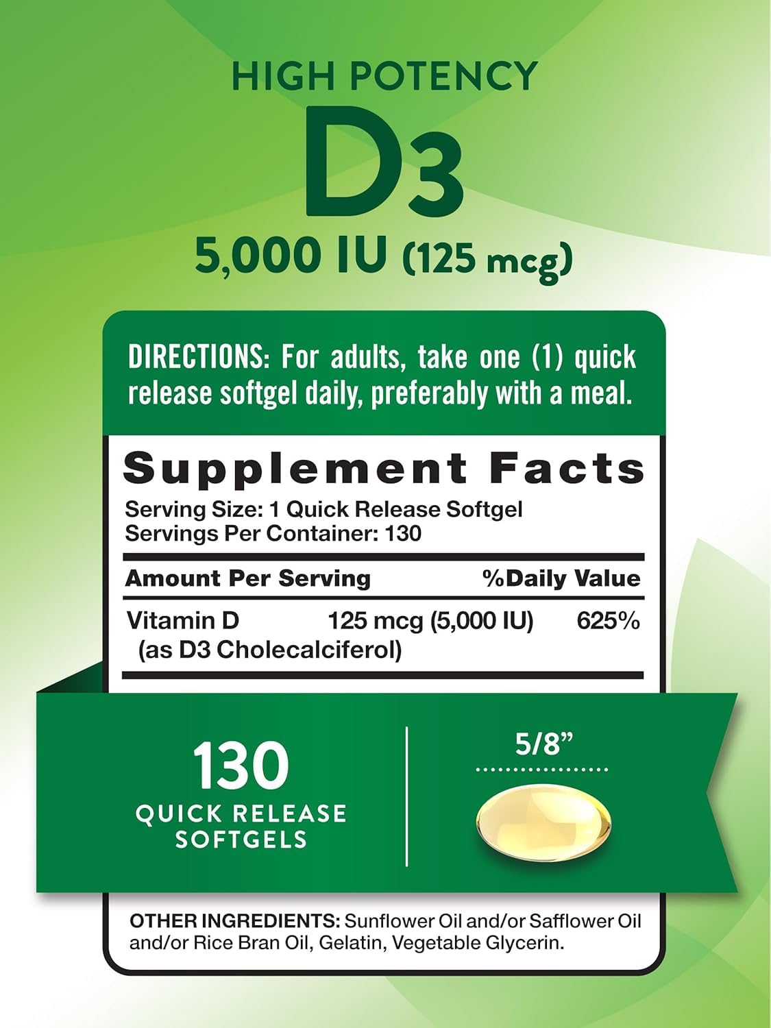 Nature's Truth D3 5000iu Softgel, 130 Softgels