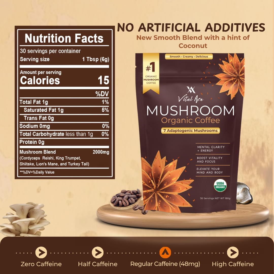 Vital Ace Organic Mushroom Coffee Blend w/Lion's Mane & 7 Adaptogens Powder 6.35 oz