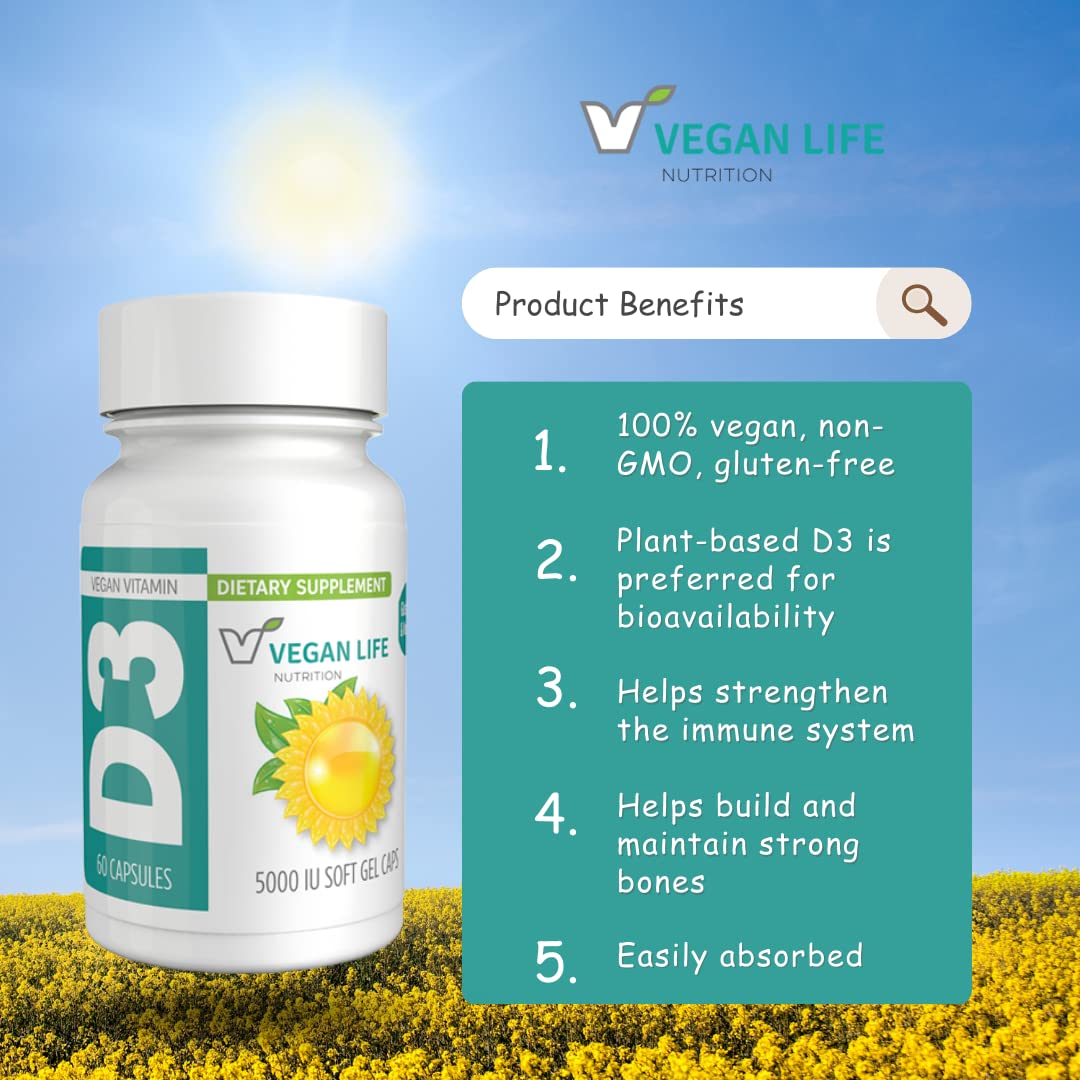 Vegan Life Nutrition Vitamin D3 Daily Capsules (5000 IU) Gluten-Free, Non-GMO, Supports Bone Health and Immune System, 60 Capsules