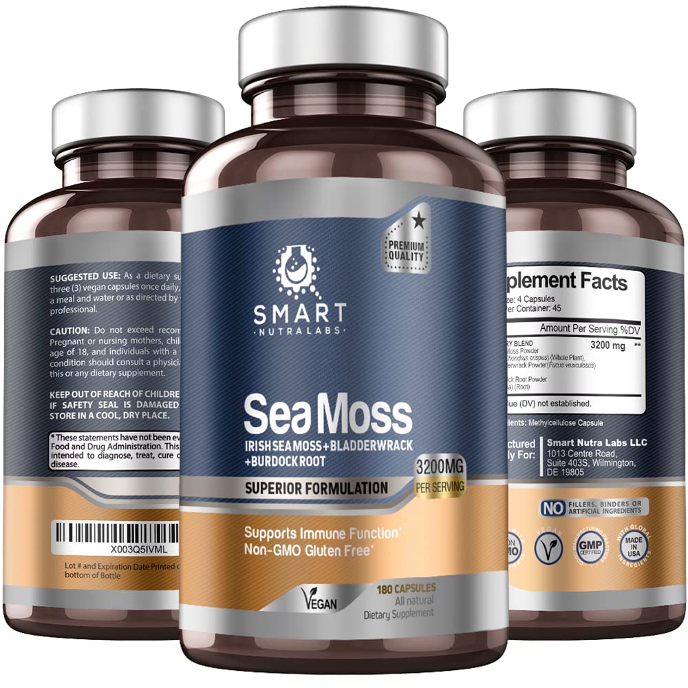 Smart Nutra Labs Organic Sea Moss 3200MG Per Serving Capsules, 180 Count
