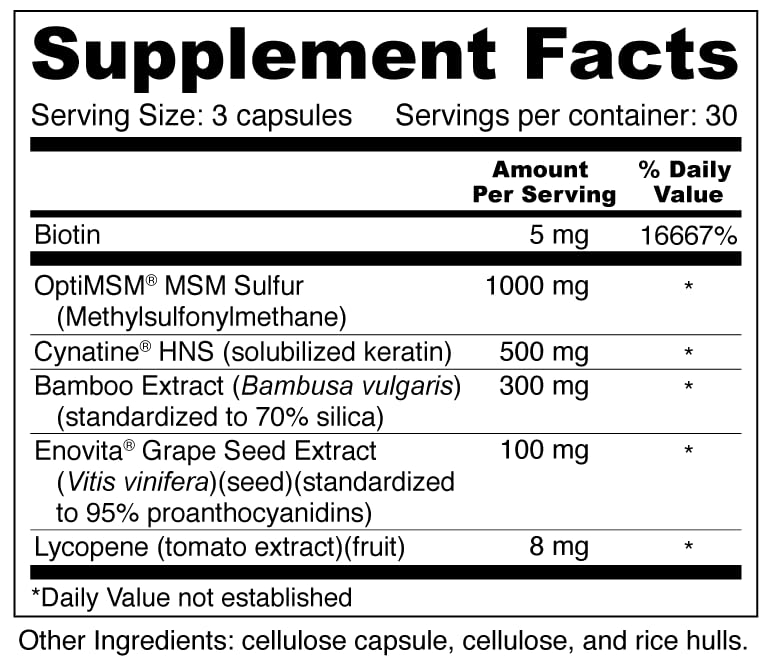 Wellness Resources Hair, Skin & Nails with Biotin, Cynatine HNS Keratin, OptiMSM, Bamboo & Grape Seed Extract – Supplement for Stronger Nails, Healthier Hair & Youthful Skin, 90 Capsules
