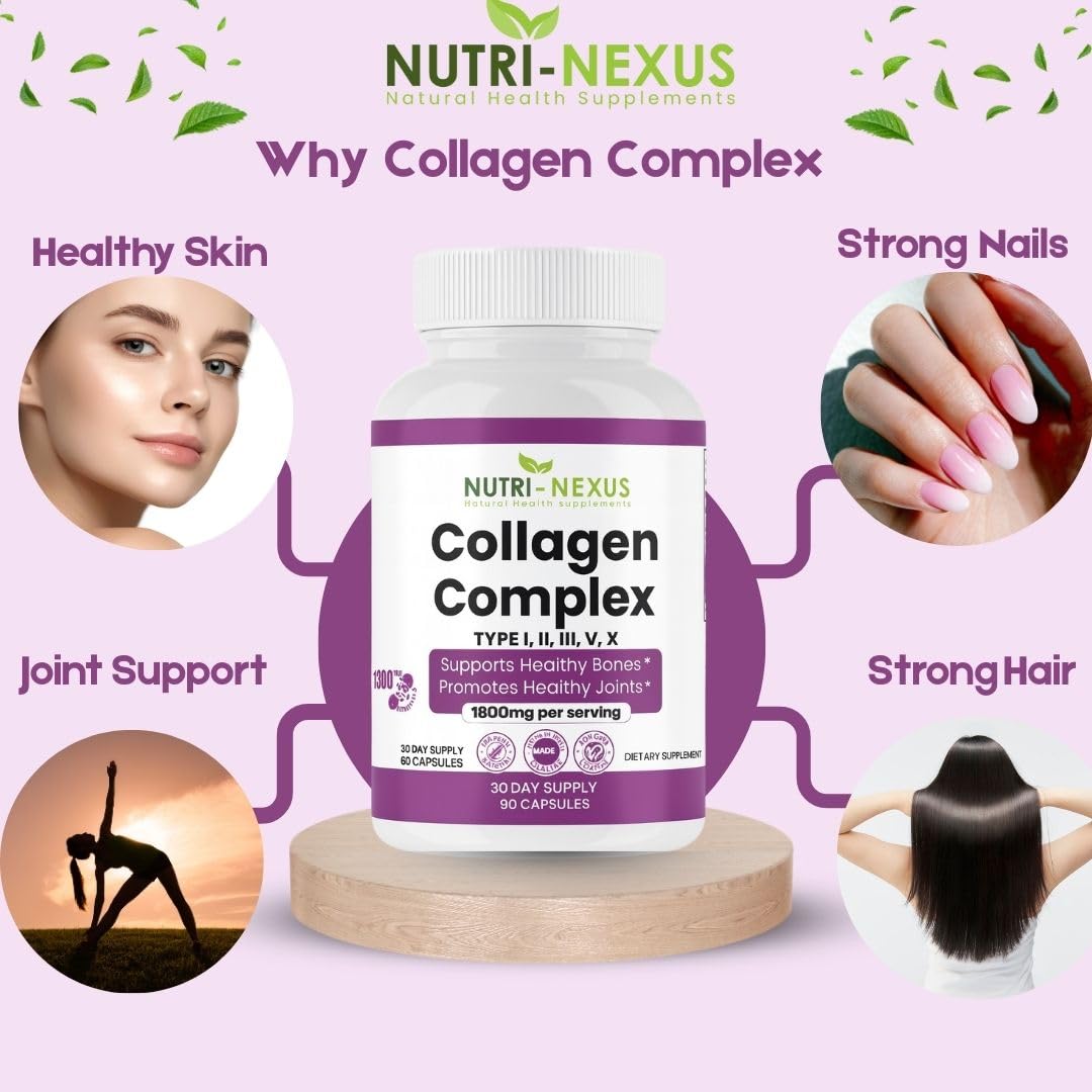 NUTRI-NEXUS Multi Collagen Peptides Types I, II, III, V & X – Hydrolyzed Bovine Collagen, 90 Capsules