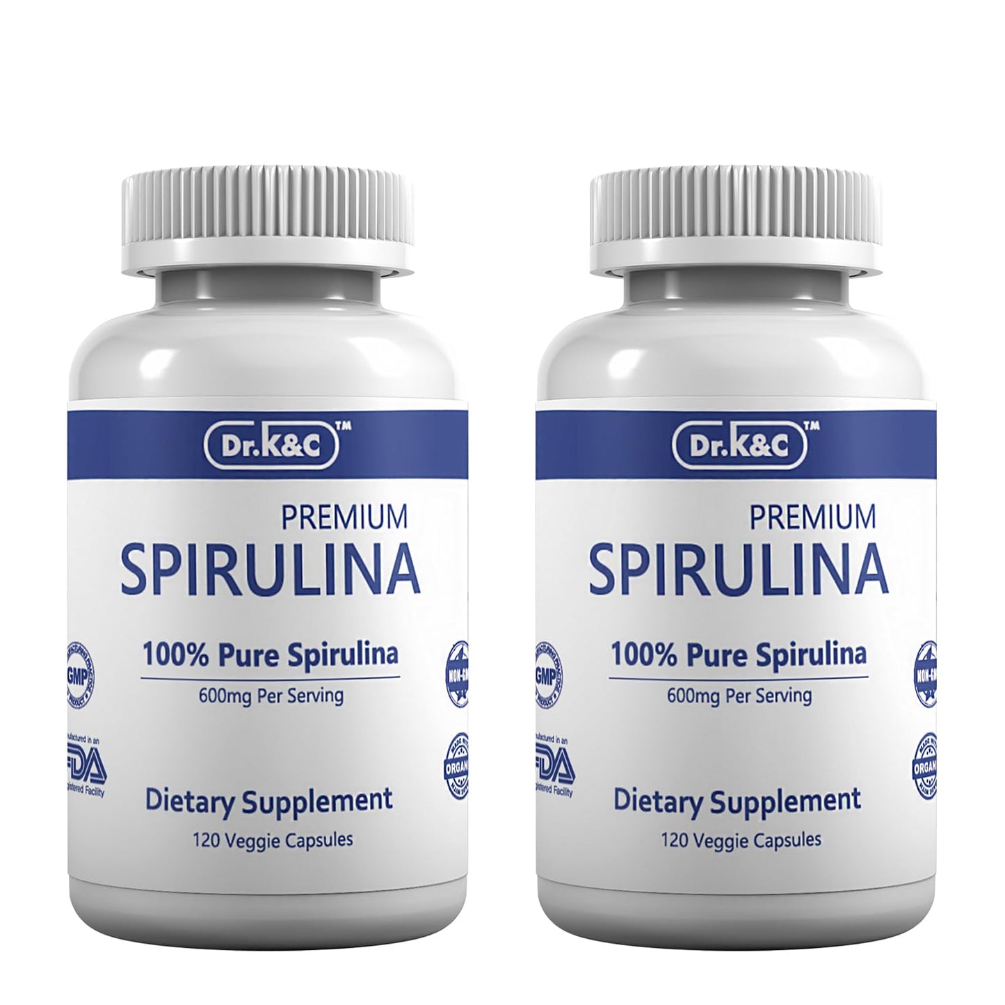 Dr.K&C Organic Spirulina Superfood Supplement – Pure Natural Blue Green Microalgae 600 mg, 240 Veggie Capsules