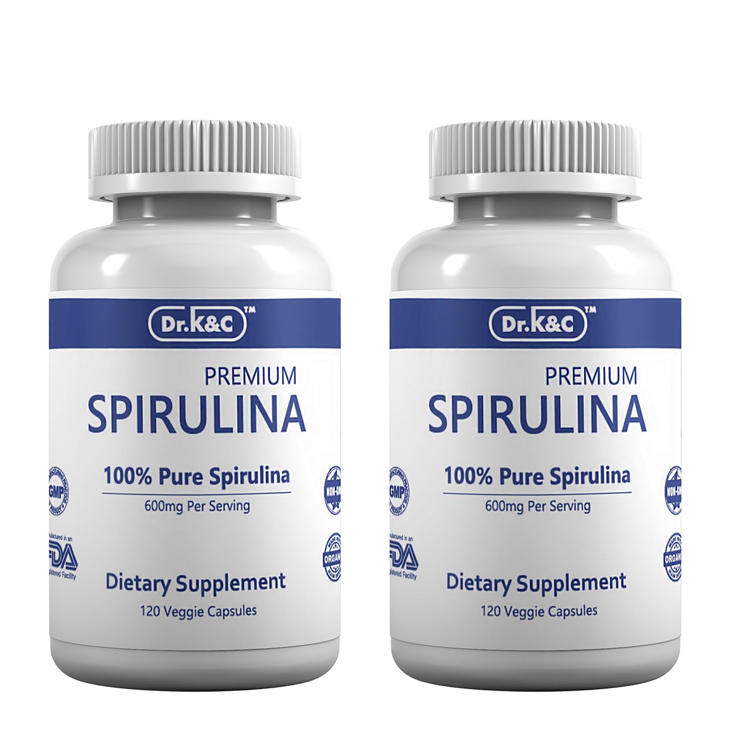 Dr.K&C Organic Spirulina Superfood Supplement – Pure Natural Blue Green Microalgae 600 mg, 240 Veggie Capsules