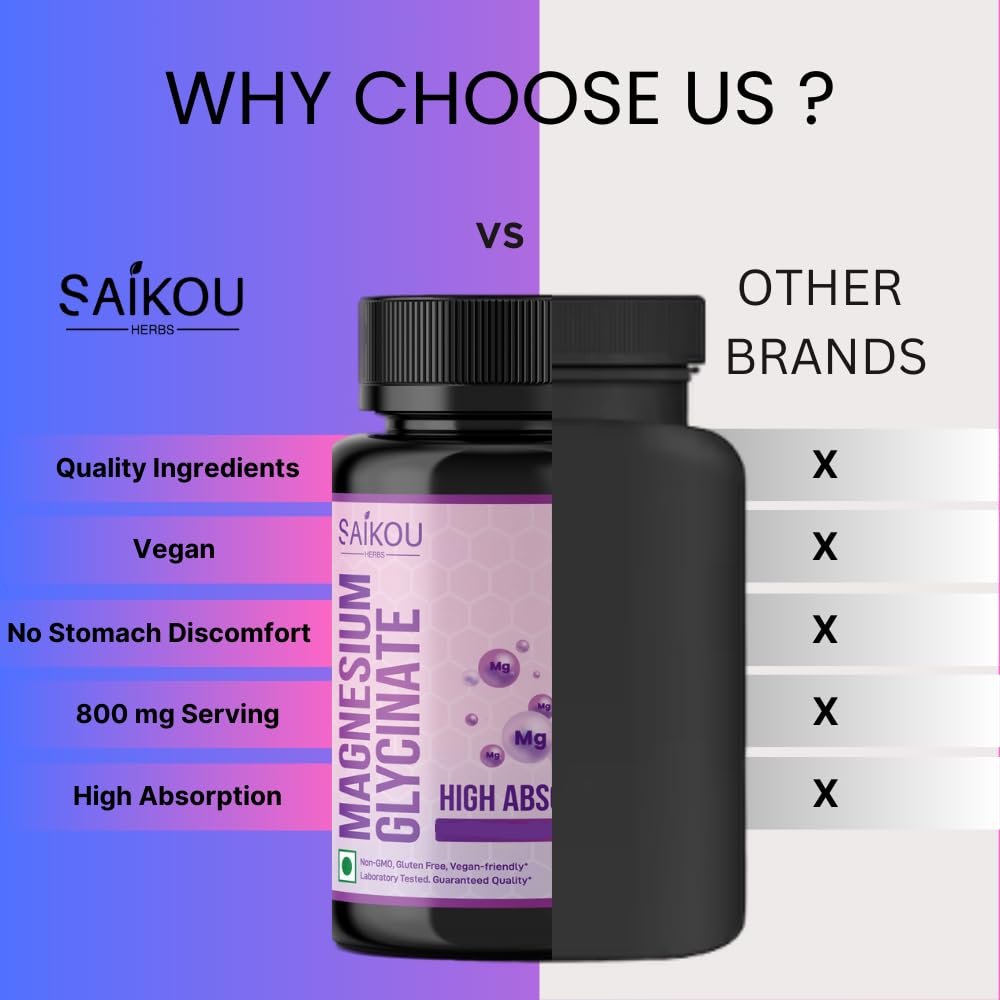 SAIKOU HERBS Chelated Magnesium Glycinate 800mg High Absorption, Pure and Potent, 60 Capsules