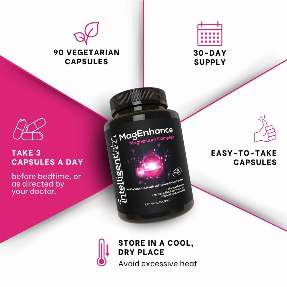 Intelligent Labs MagEnhance Magtein Magnesium Complex Supplement L-Threonate with Magnesium Glycinate and Taurate, 90 Capsules