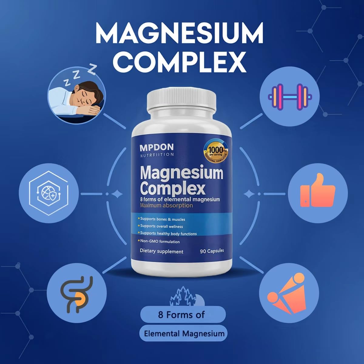 MPDON 8-in-1 Magnesium Complex 1000mg - Features Elemental Magnesium & Citrate, Capsule, 1 Count
