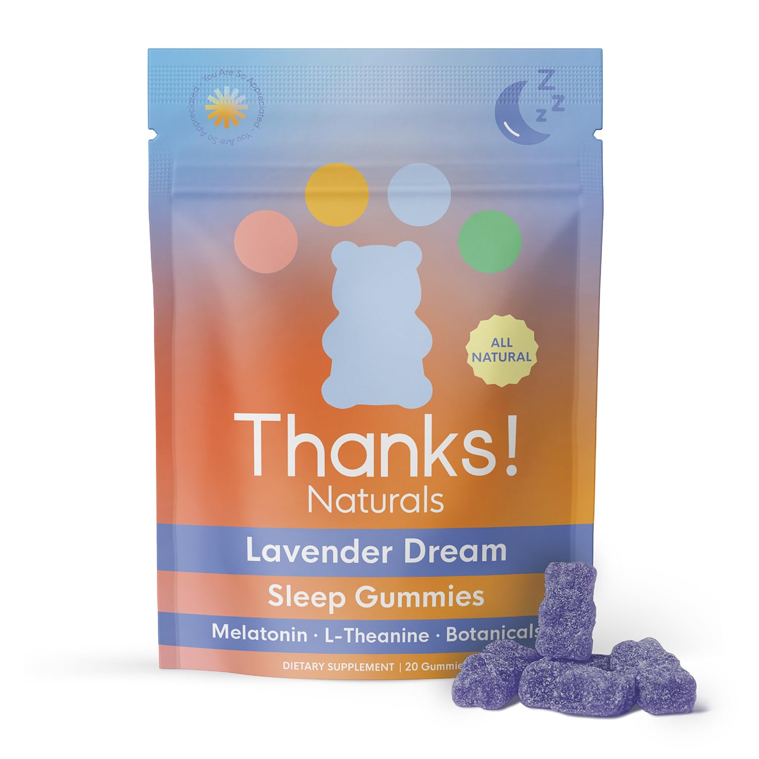 Thanks! Naturals Lavender Dream Night Gummies, Botanical Blend with Melatonin, L-Theanine & Magnesium, Soft Fruity Chews for Evening Unwind, 1.47 oz