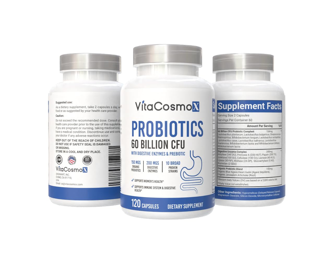 VitaCosmoX Probiotic 60 Billion CFU with Prebiotics and Enzymes, Capsule, 1 Count, 100% Vegetarian, Non-GMO & Gluten Free