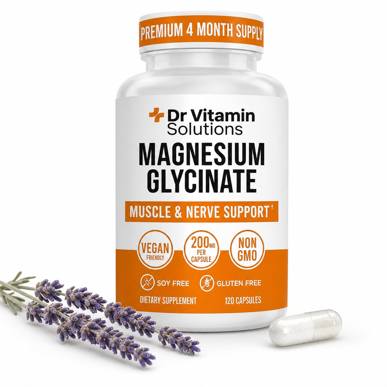 DR VITAMIN SOLUTIONS Magnesium Glycinate 200mg High Absorption Chelated Magnesium Supplement for Sleep, Stress, Muscle & Nerve Support, Calm & Relaxation, Vegan, Non-GMO, Gluten & Soy Free, 120 Capsules