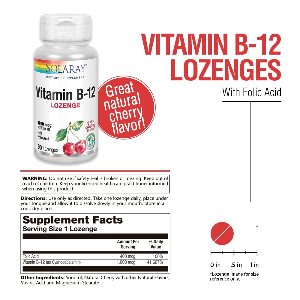 SOLARAY Vitamin B-12 1000mcg Lozenges with Folic Acid, Natural Cherry Flavor, Healthy Energy Support, 90 Count