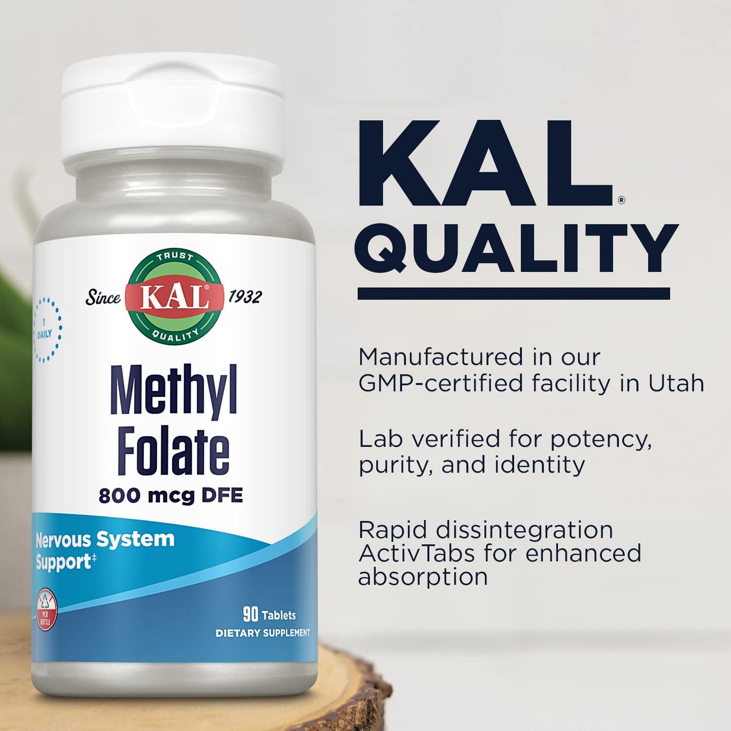 KAL Methyl Folate 800 mcg 5-MTHF Active Form Tablet 90 Count