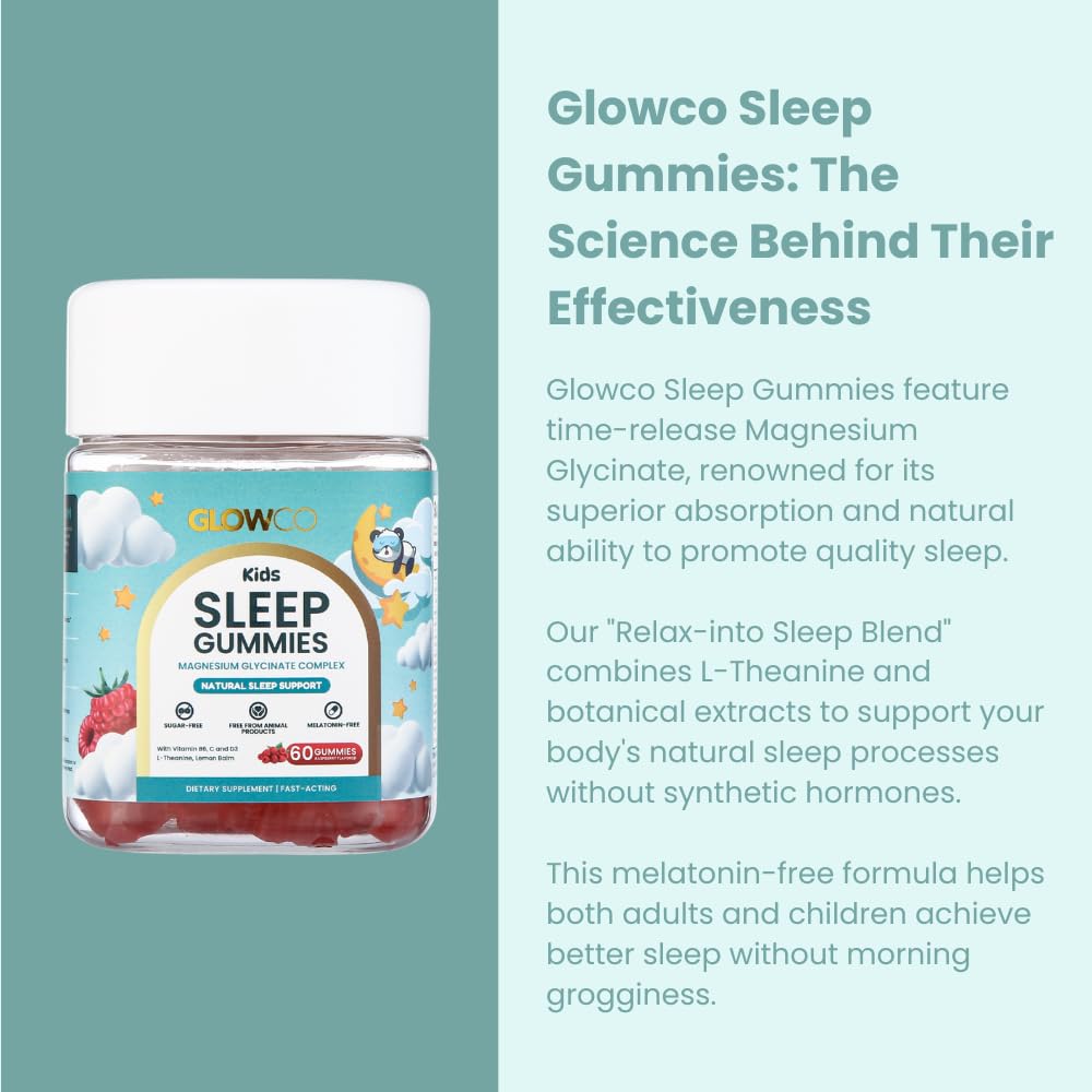 GLOWCO Magnesium Glycinate Sleep Gummies for Kids 4+ – Melatonin Free, Gentle Calm Magnesium Gummies, Sugar Free, Vegan, 60 Gummies