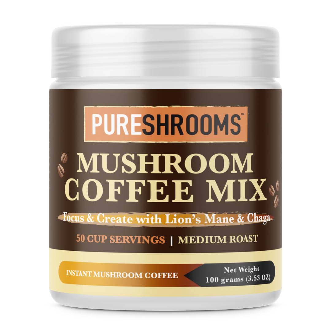 PureShrooms Focus & Create Organic Instant Mushroom Coffee with Lion's Mane & Chaga – Nootropic Brain & Immune Support, Powder, 50 Servings
