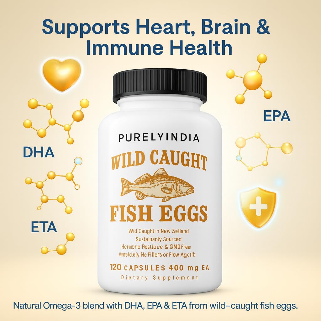 Purelyindia Wild-Caught Fish Eggs Omega-3 DHA, EPA & ETA Supplement Capsules 120 Capsules