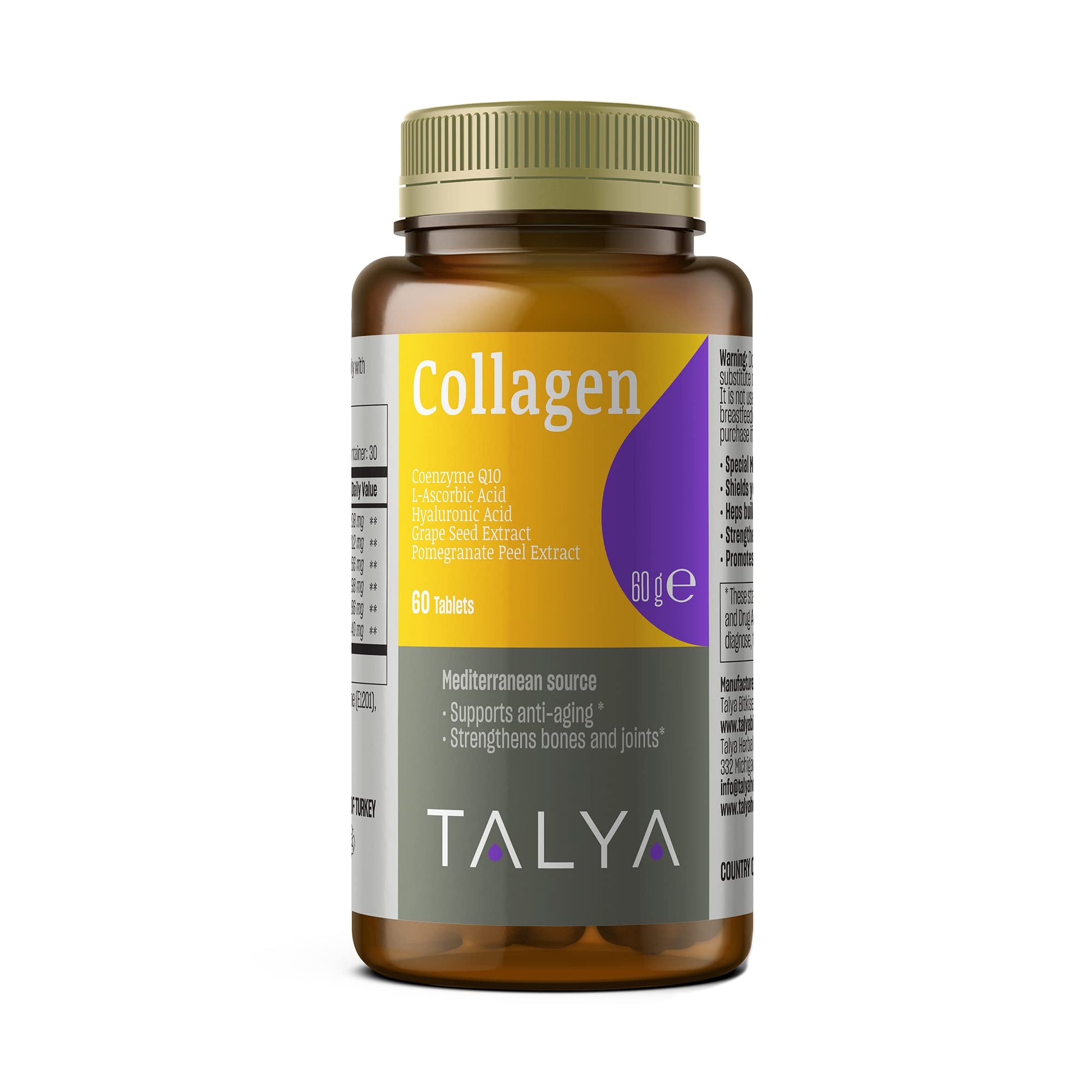 TALYA Collagen Pills with Hyaluronic Acid + Vitamin C Tablets, 60 Tablets