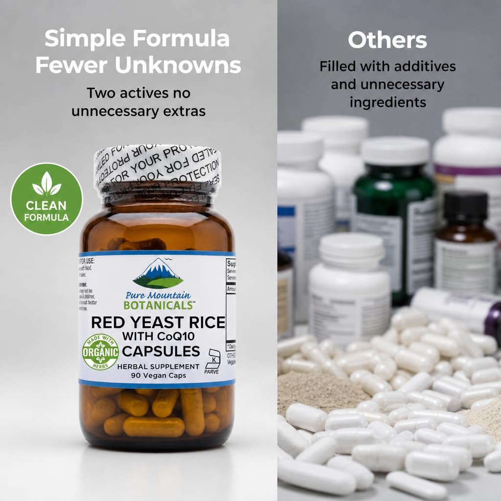 Pure Mountain Botanicals Red Yeast Rice with CoQ10, 600mg per Capsule + 30mg CoQ10, Vegan Capsules, 90 Count
