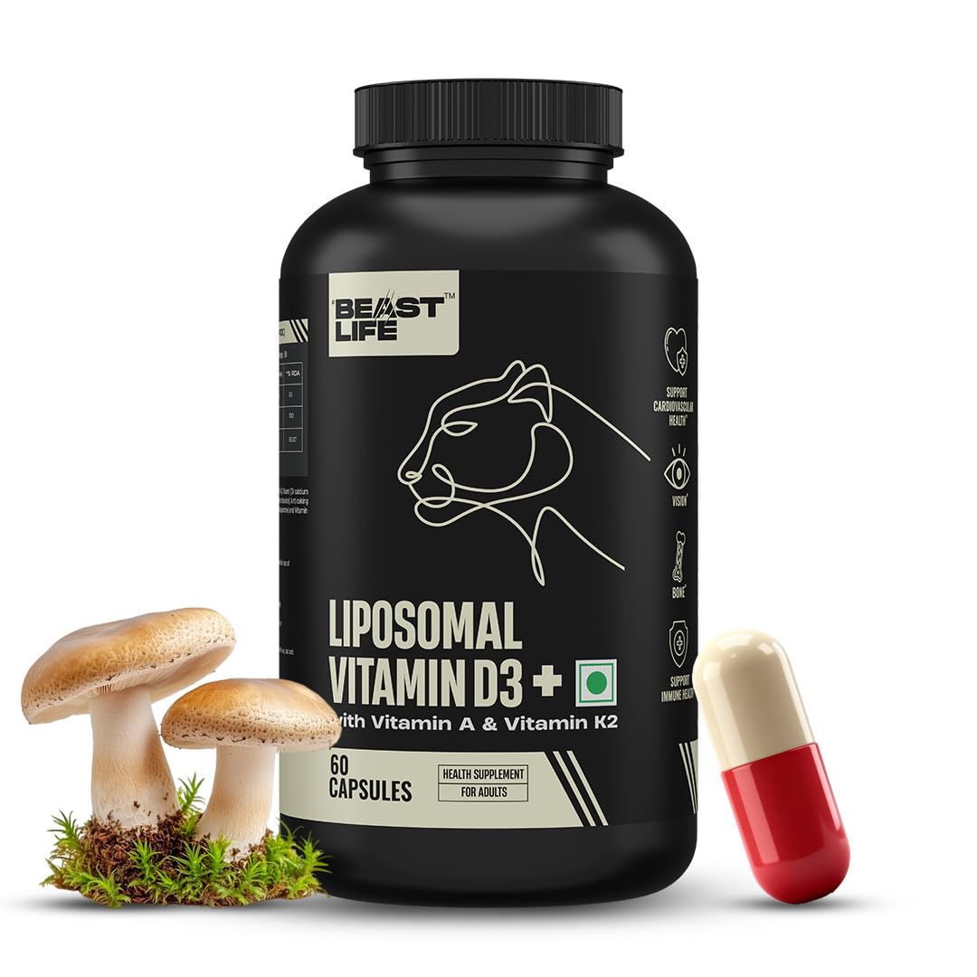 BEASTLIFE Liposomal Vitamin D3 Plus with Vitamin A & Vitamin K2 for Immune Support, Bone Health & Absorption Skin Support Calcium Utilization & Arterial Health 60 Capsules