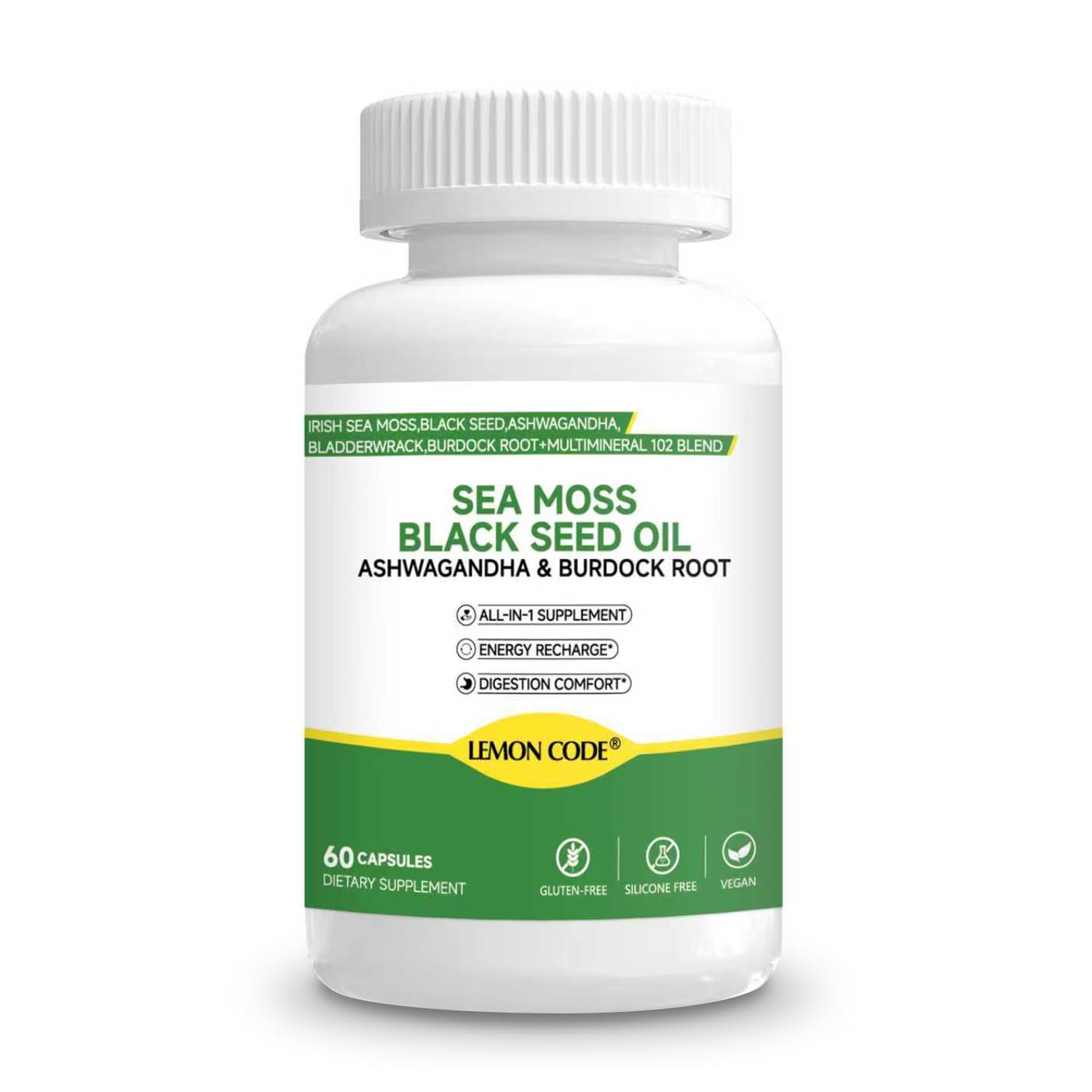 LEMON CODE Sea Moss & Black Seed Oil Capsules with Burdock & Bladderwrack & Ashwagandha, Vitamin C&D, Natural Herbal Complex for Daily Balance, Energy & Digestive Support, 60 Capsules